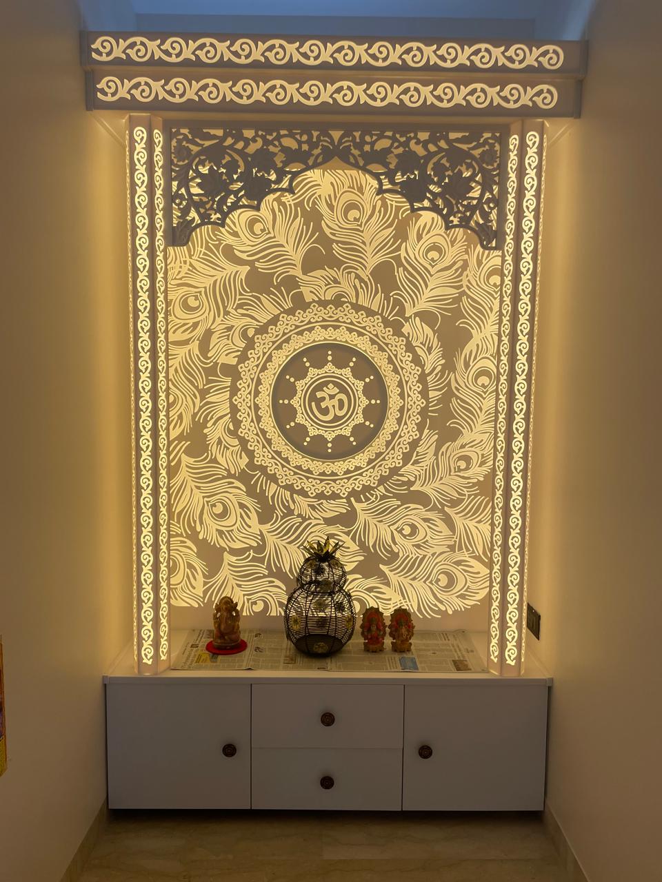 5 to 6 Feet Large Corian Mandir for Home Temple with LED Light and CNC Design