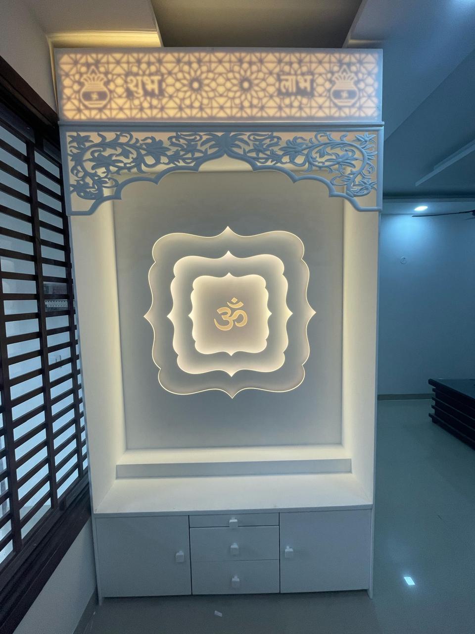 Backlit Corian Mandir Design for Home Temple with LED Light CNC Panel Modern Corian Pooja Unit Interior Wall Mounted Luxury Mandir Design for Home