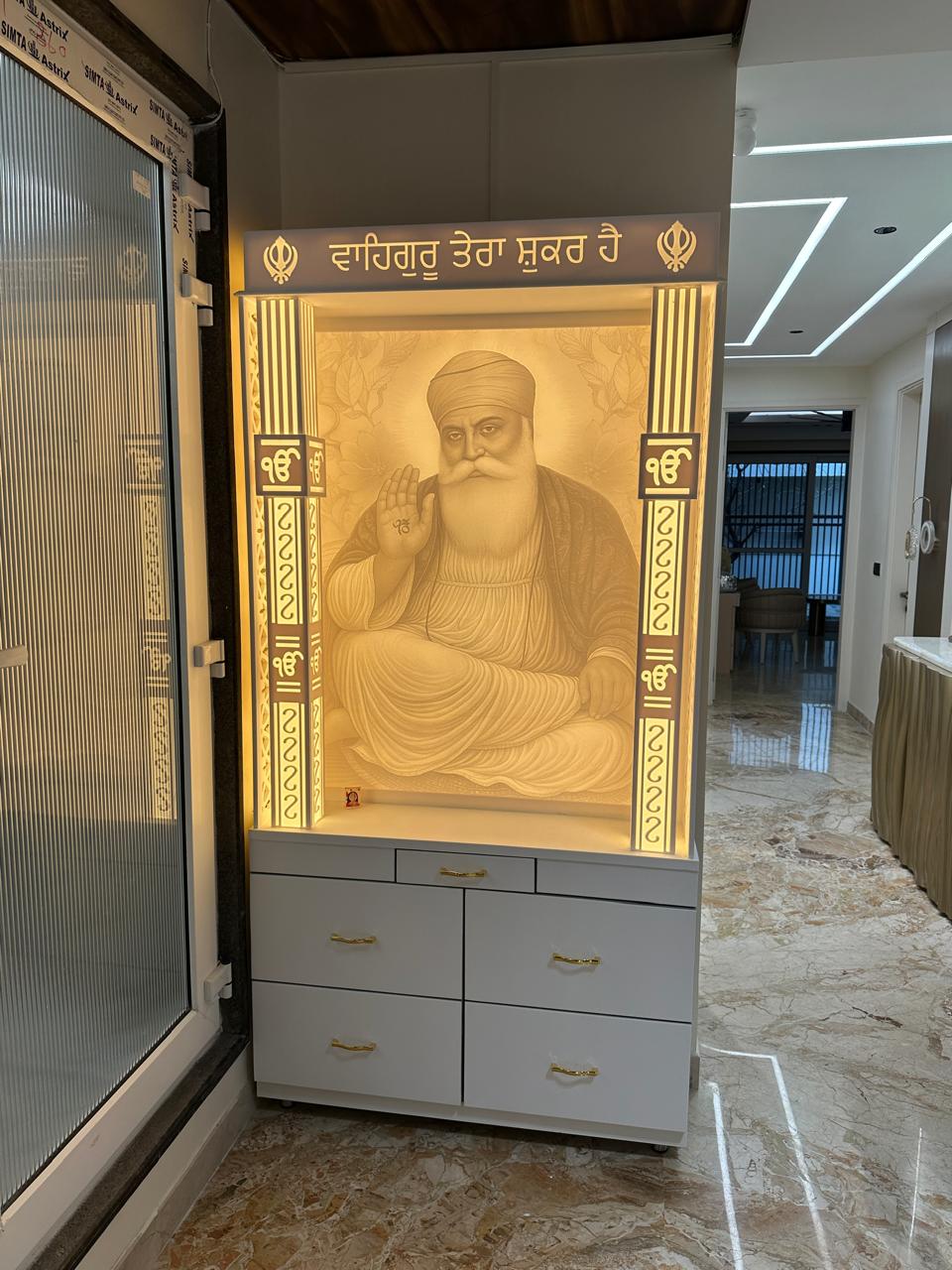 Guru Nanak Dev Ji Corian Home Temple Design Backlit LED Panel CNC Work Modern Corian Mandir for Home Pooja Room Interior Wall Mounted Luxury Temple Design