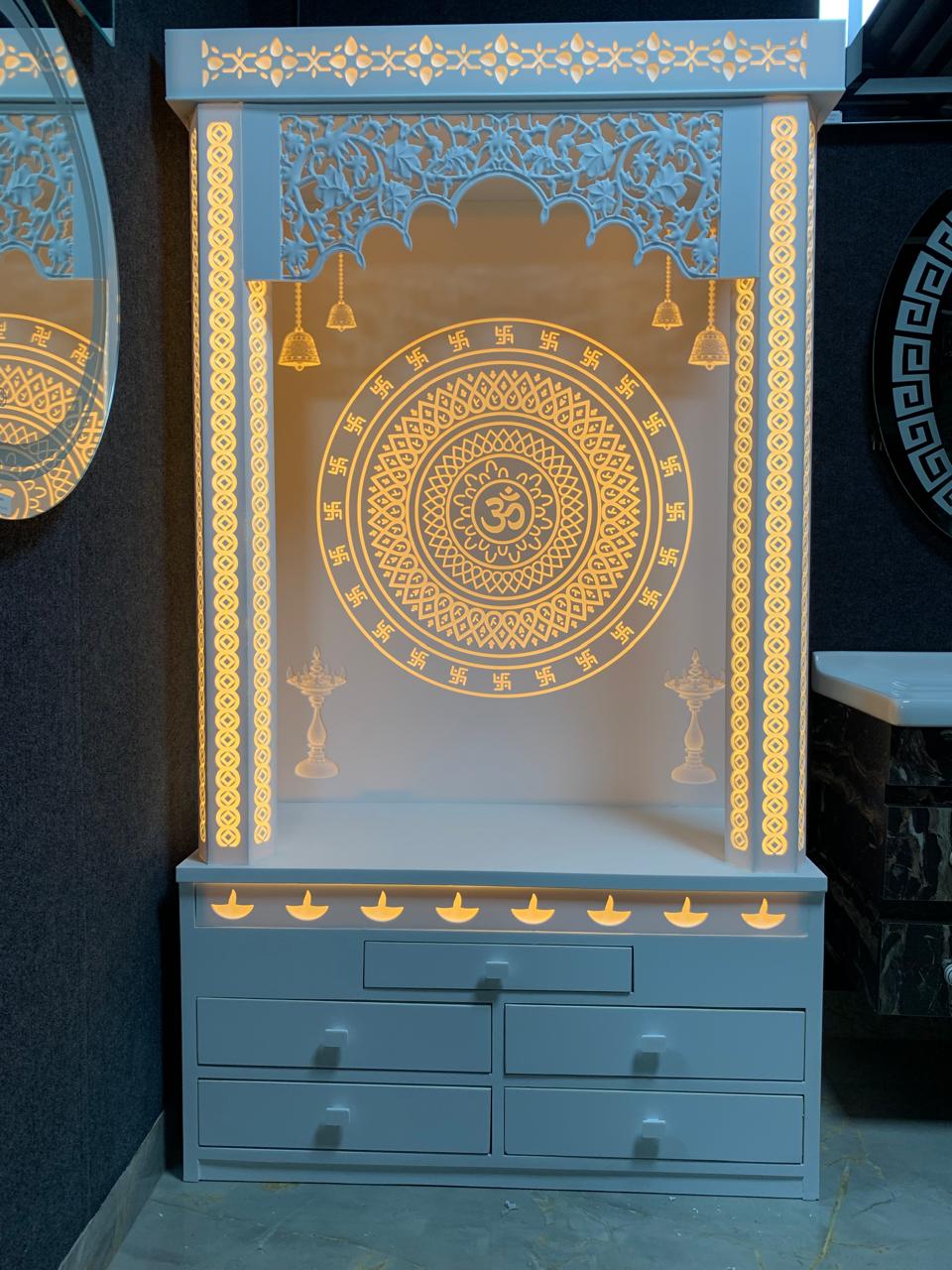 Designer Corian Backlit Home Temple with LED Panel and CNC Work