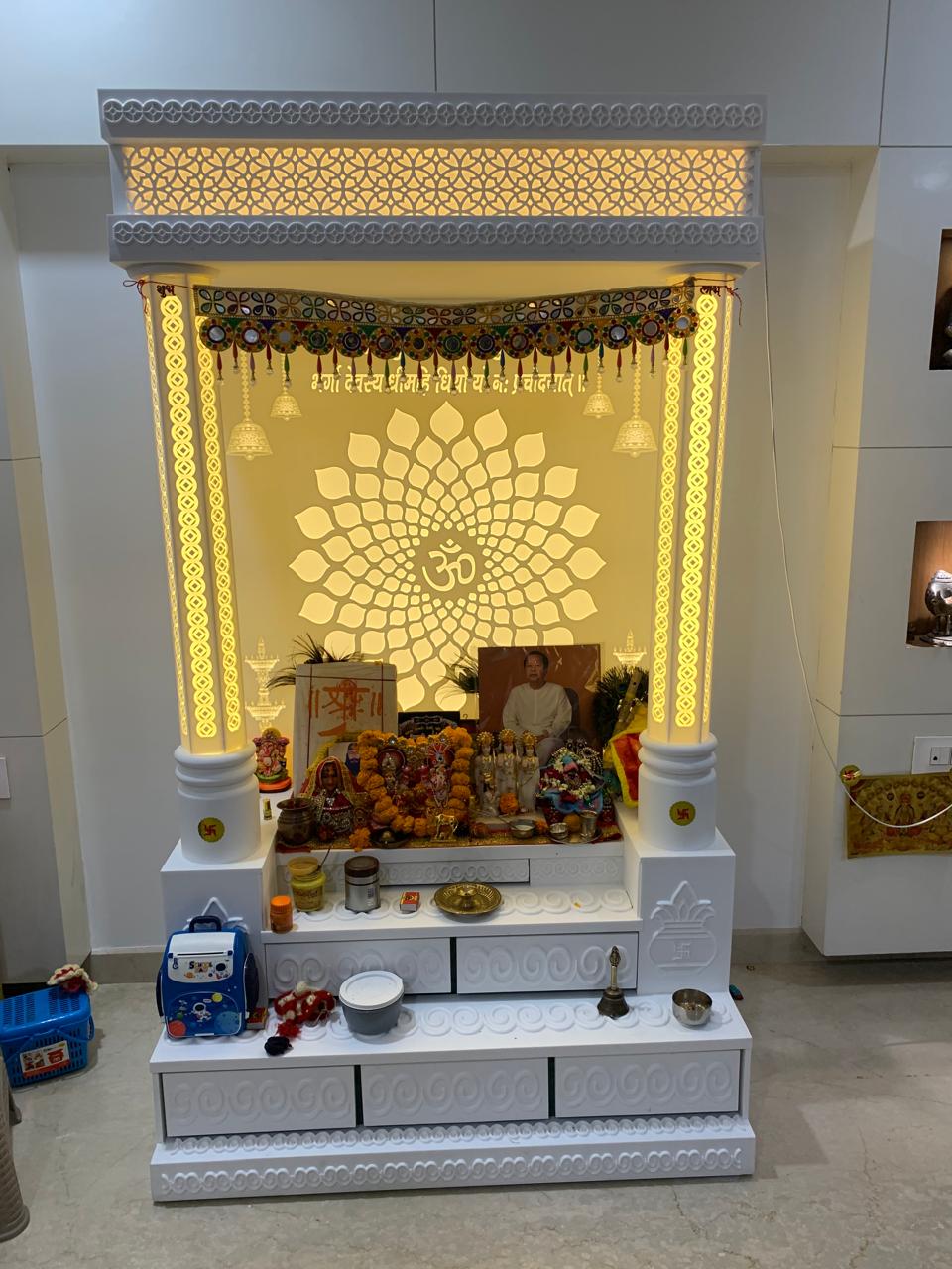 Corian Temple with Drawer and Storage for Home Mandir Design